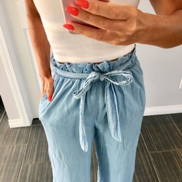Angela Mara Lyocell denim blue paperbag tie up waist pants size xs - Picture 3 of 10